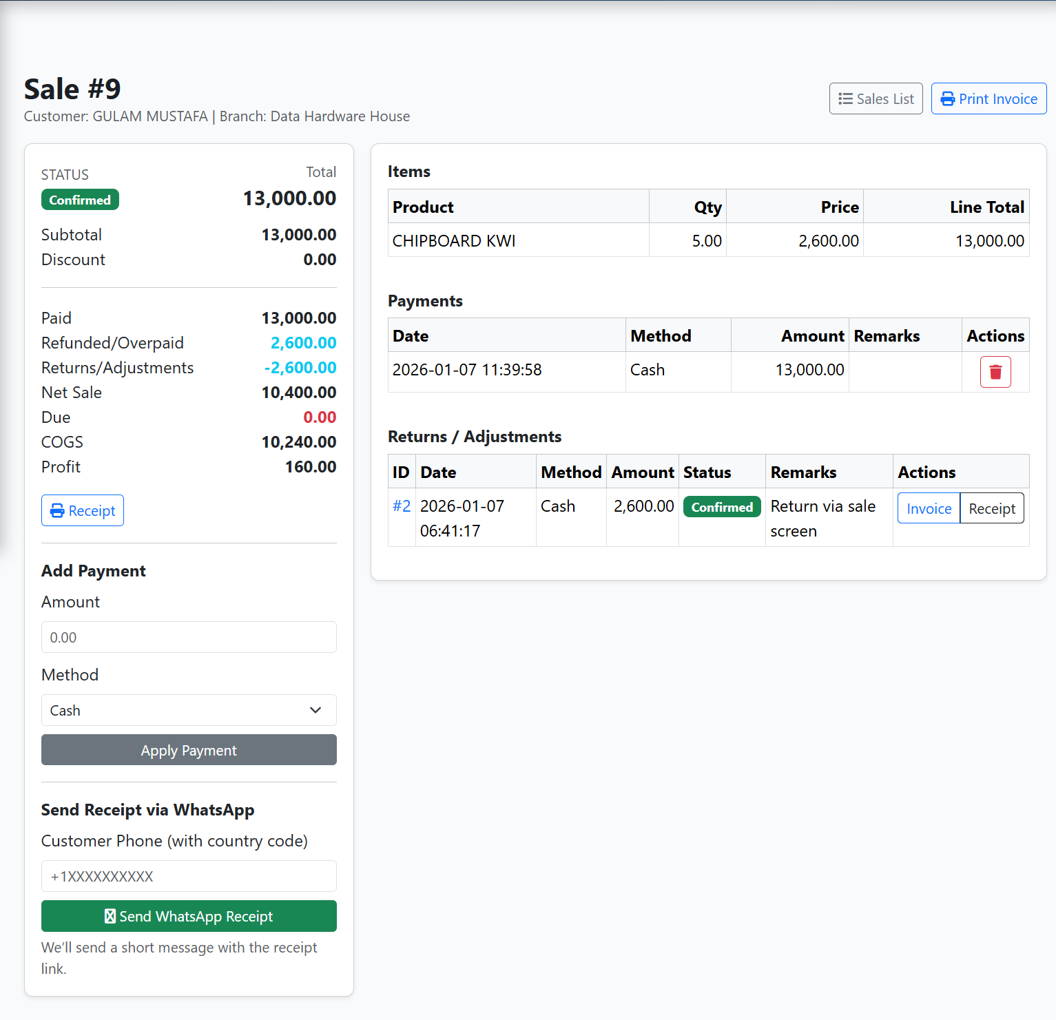 Sales list and returns